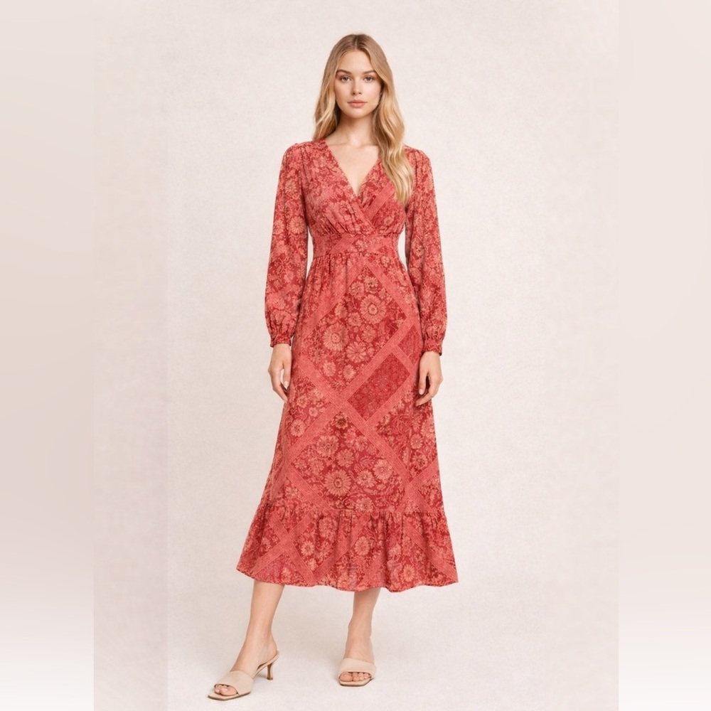 Japna Floral Pink & Red Long-sleeve Maxi Dress Size Small